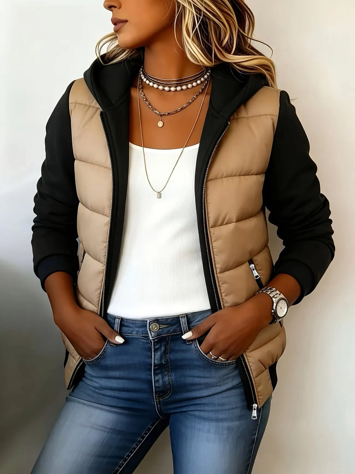 🌸Velika razprodaja – 50 % popusta💖Ženska izolirana jakna s kapuco v barvnih blokih
